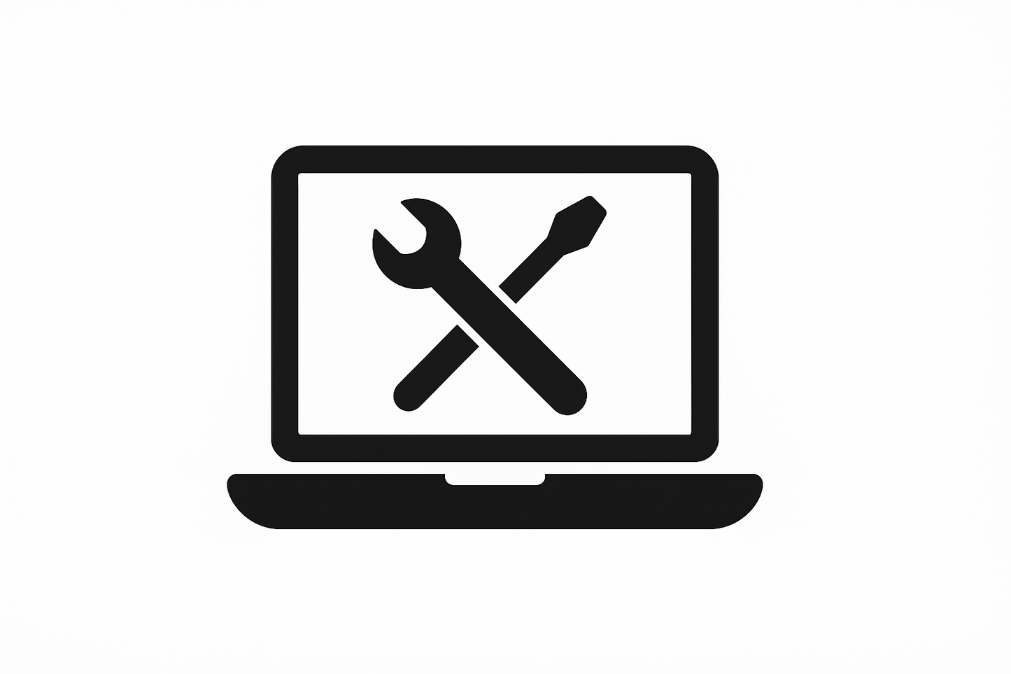 Black icon of a laptop with crossed wrench and screwdriver on a white background