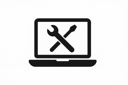 Black icon of a laptop with crossed wrench and screwdriver on a white background