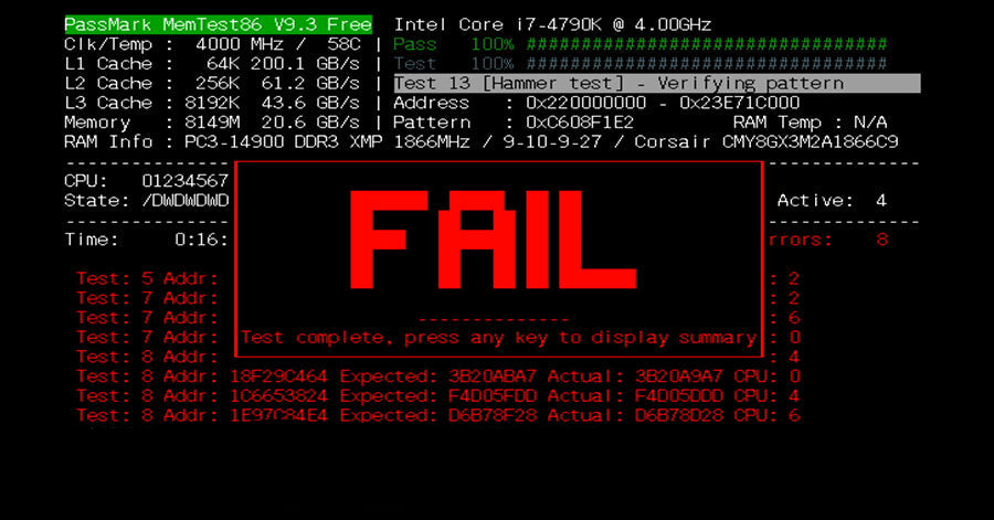 Computer screen displaying a test result with 'FAIL' in red text on a black background