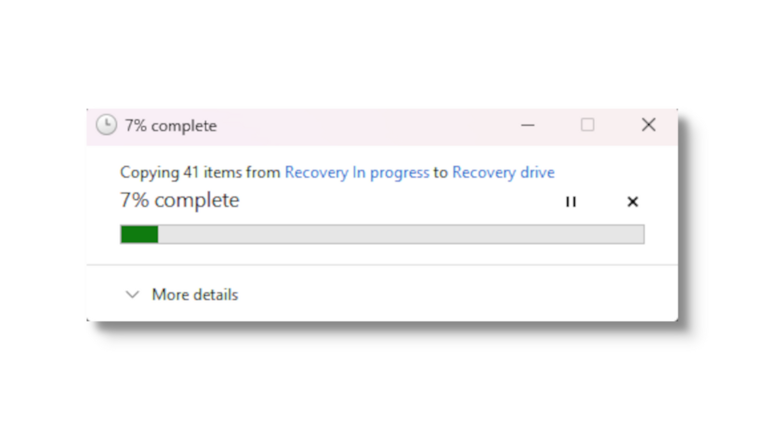 Progress window showing '7% complete' during a recovery process on a white background